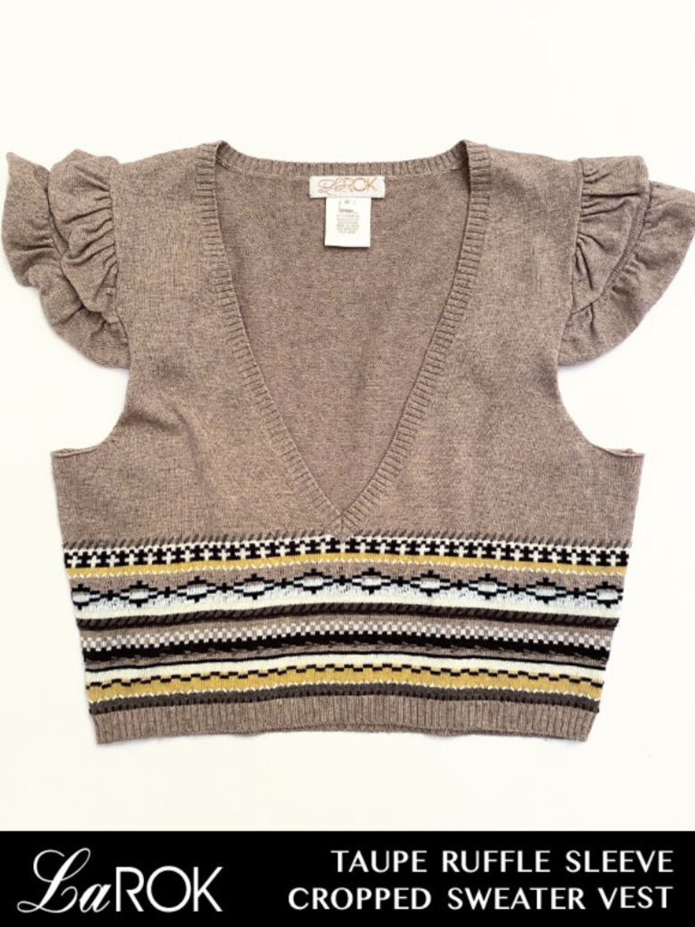 NWOT LaROK Taupe Ruffle Sleeve Cropped Cotton/Cashmere blend Sweater Vest Size M